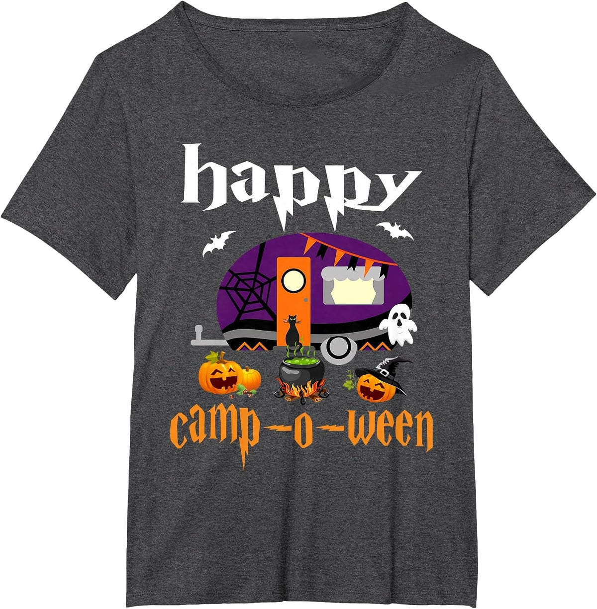 Happy Camp-O-Ween Halloween Camping Camper T-Shirt - Dark Heather Grey