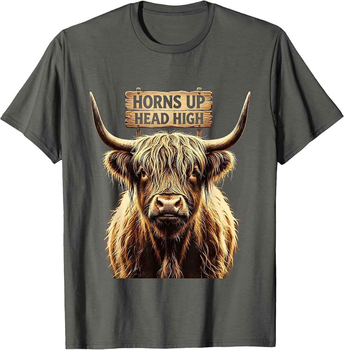 Men's Horns Up Head High Highland Cow Design T-Shirt - Asphalt Grey