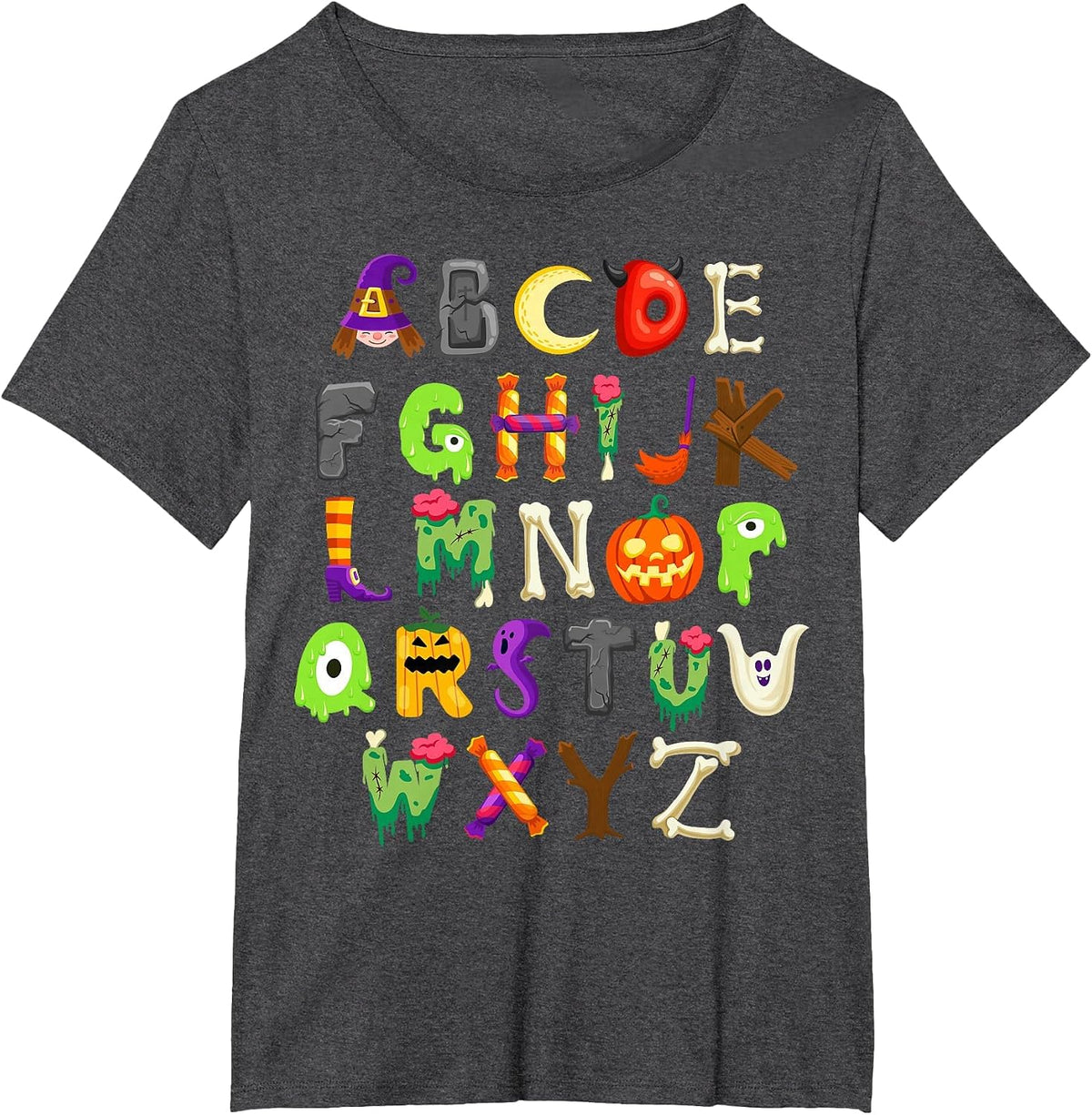 ABCs Learning Kindergarten Teacher Funny Halloween Alphabet T-Shirt - Dark Heather Grey