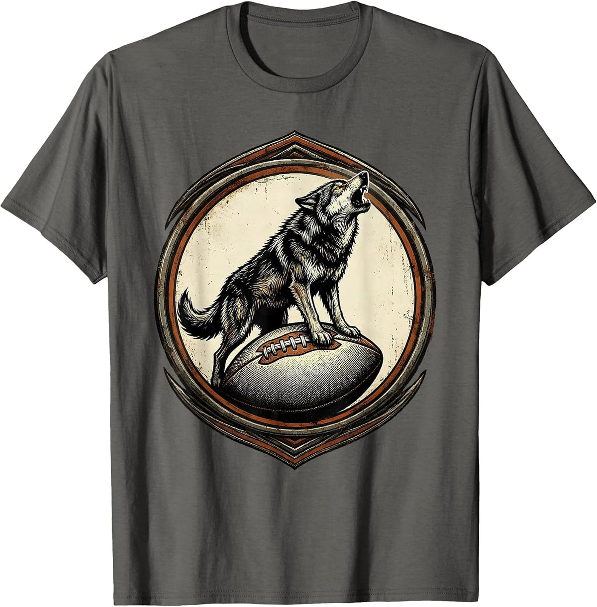 Wolf Howling on Rugby Ball Graphic Design T-Shirt - Asphalt Grey