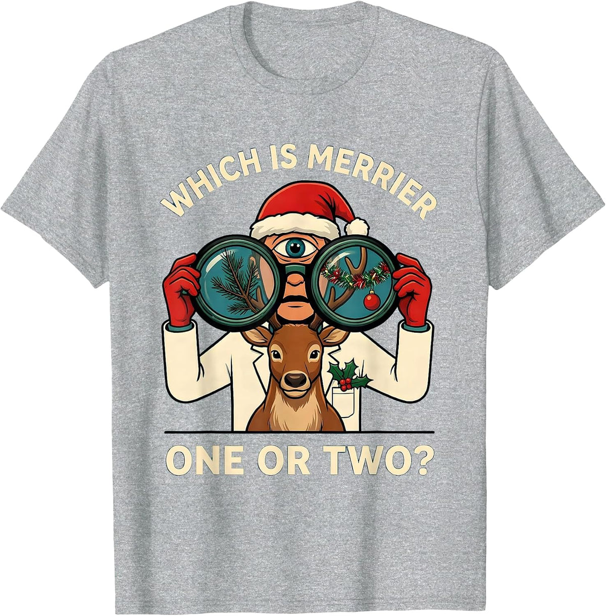 Men's Which Is Merrier, One Or Two? Funny Optometrist Christmas T-Shirt - Heather Grey