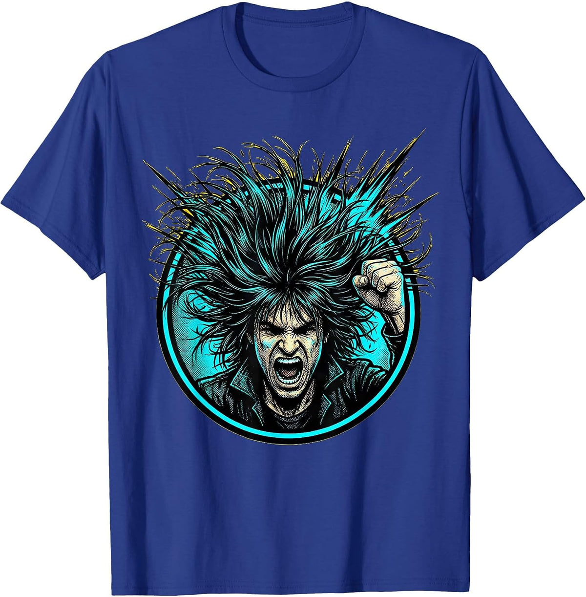 Men's Headbanging Rocker Wild Flying Hair Graphic T-Shirt - Royal Blue