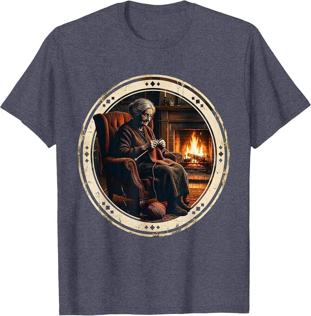 Grandma Knitting by the Fireplace Graphic T-Shirt - Heather Blue
