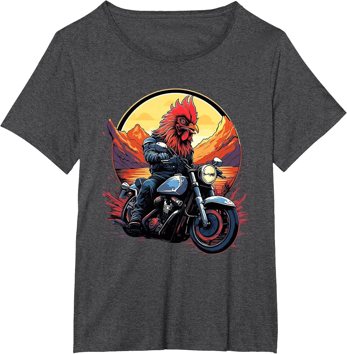 Biker Rooster Riding Motorcycle T-Shirt - Dark Heather Grey