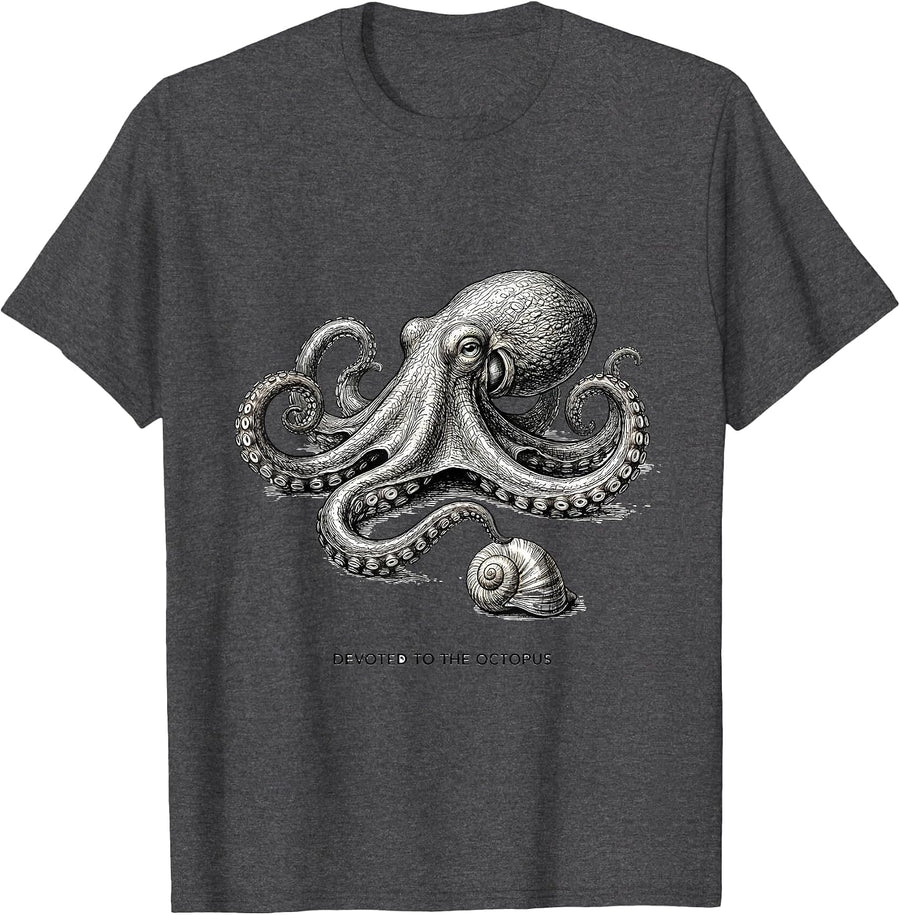 Men's Devoted to the Octopus Line Art Octopus Lover Ocean Animal T-Shirt - Dark Heather Grey