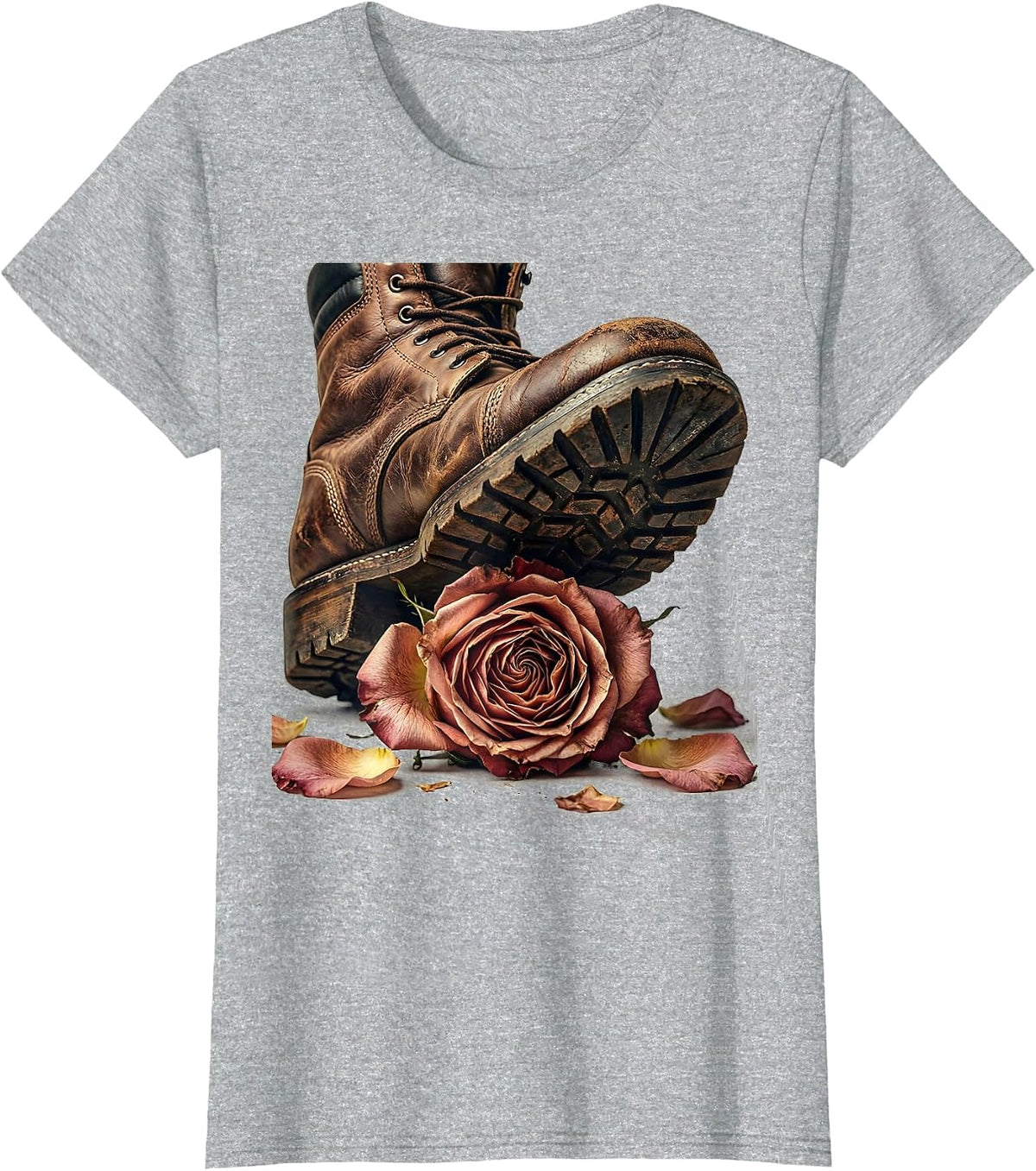 Grunge Boot Crushing Rose Graphic Design T-Shirt - Heather Grey