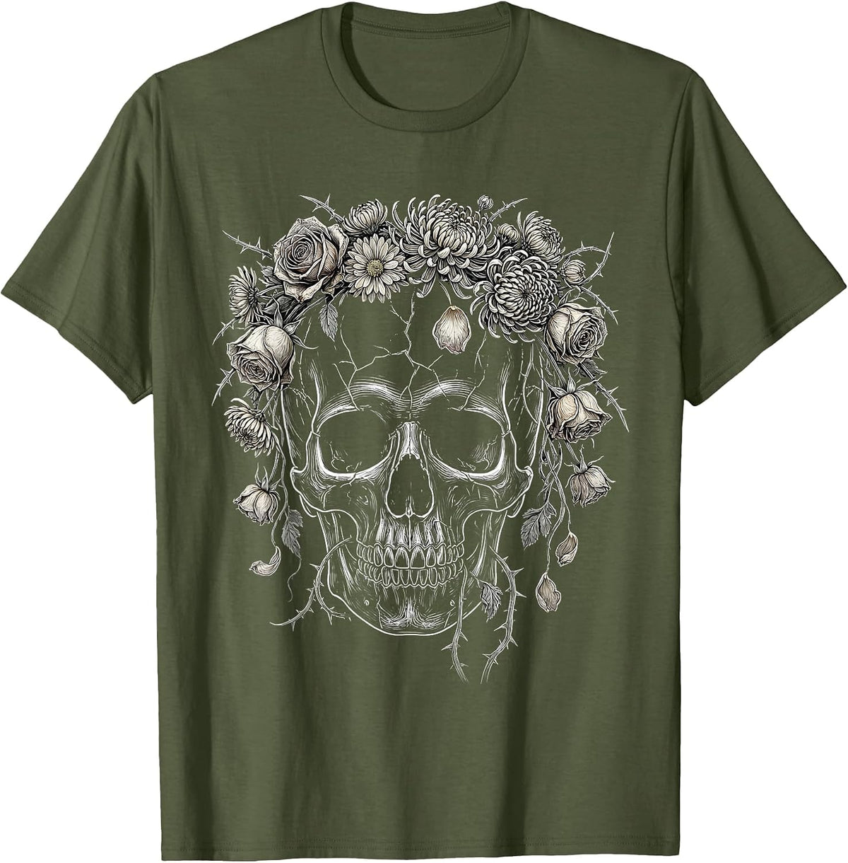 Skull Crowned With Dead Flowers Emo Graphic T-Shirt - Olive Green