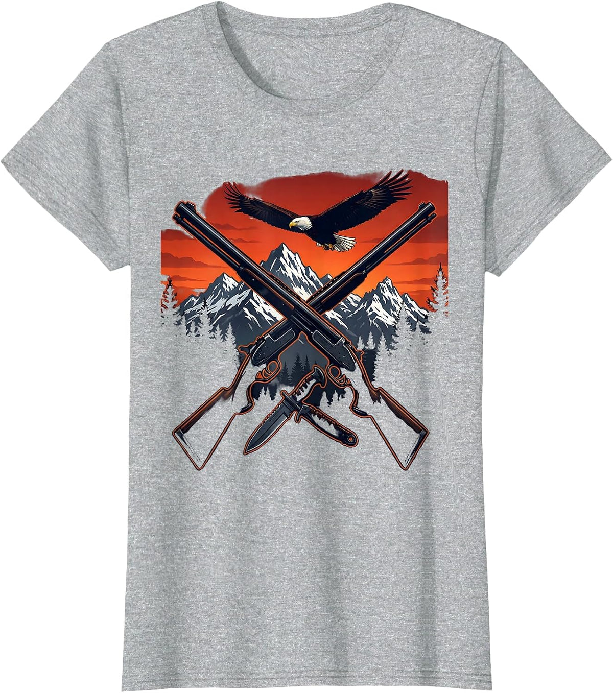 Patriotic Shotgun and Hunting Knife Crossed T-Shirt - Heather Grey