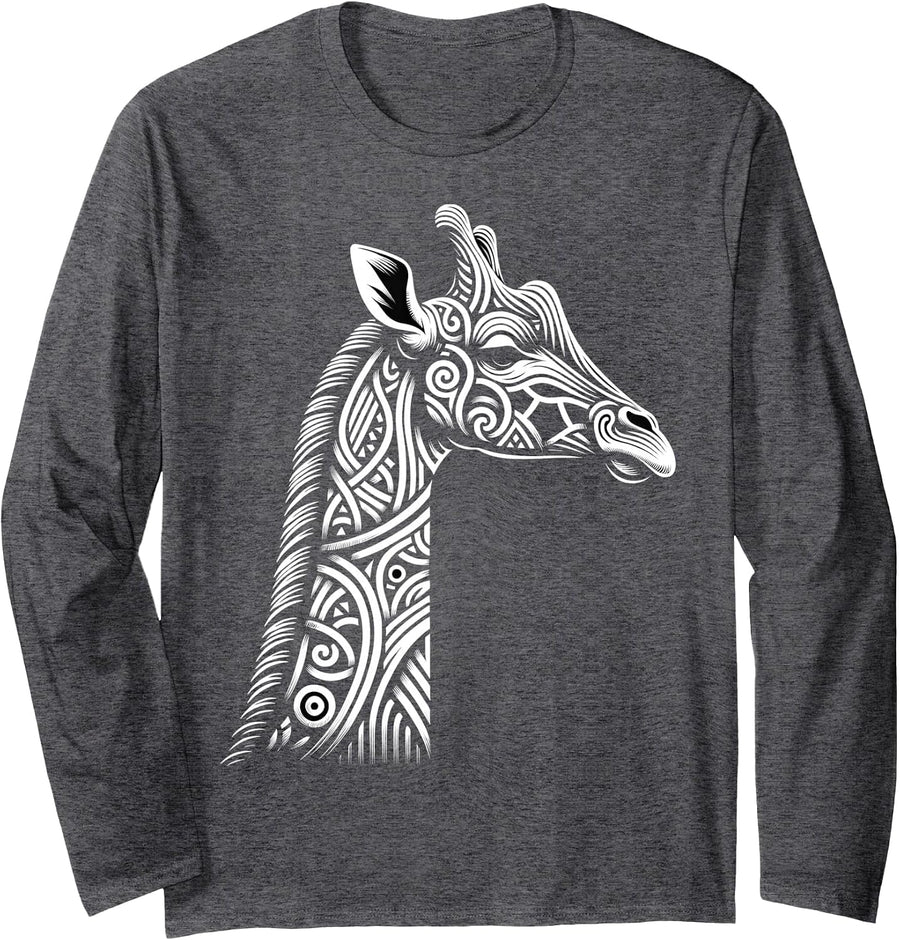 Tribal Giraffe | Men Women (XS - 6XL+) | Graphic Long Sleeve T-Shirt - Adult Unisex Dark Heather Grey