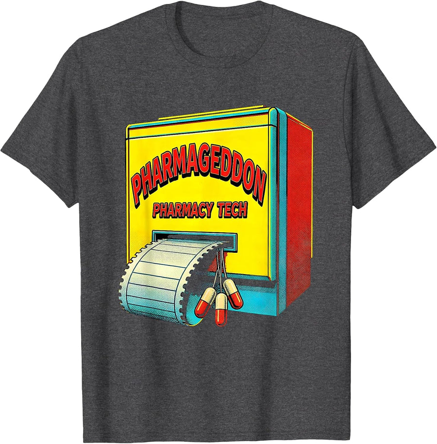 Men's Pharmageddon Pharmacy Tech Pop Art Pharmacy Technician Pun T-Shirt - Dark Heather Grey