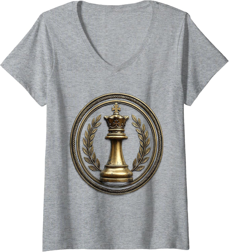 Women's Lone Chess King Piece Senior Illustration V-Neck T-Shirt - Heather Grey