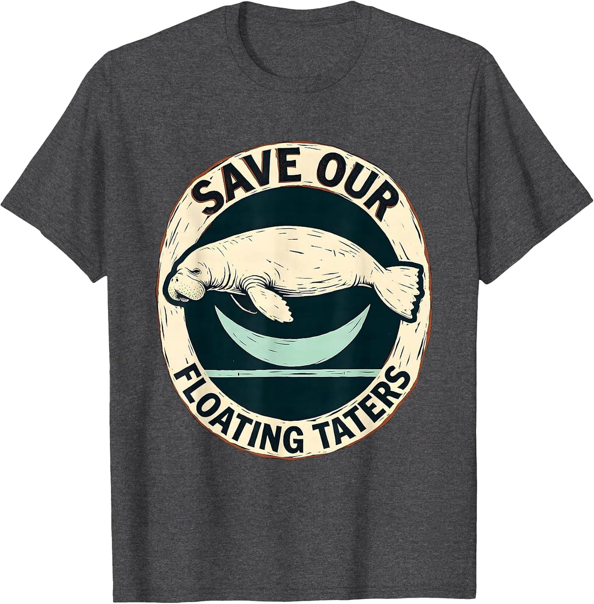 Men's Save Our Floating Taters Linocut Manatee Sea Cow Pun Humor T-Shirt - Dark Heather Grey