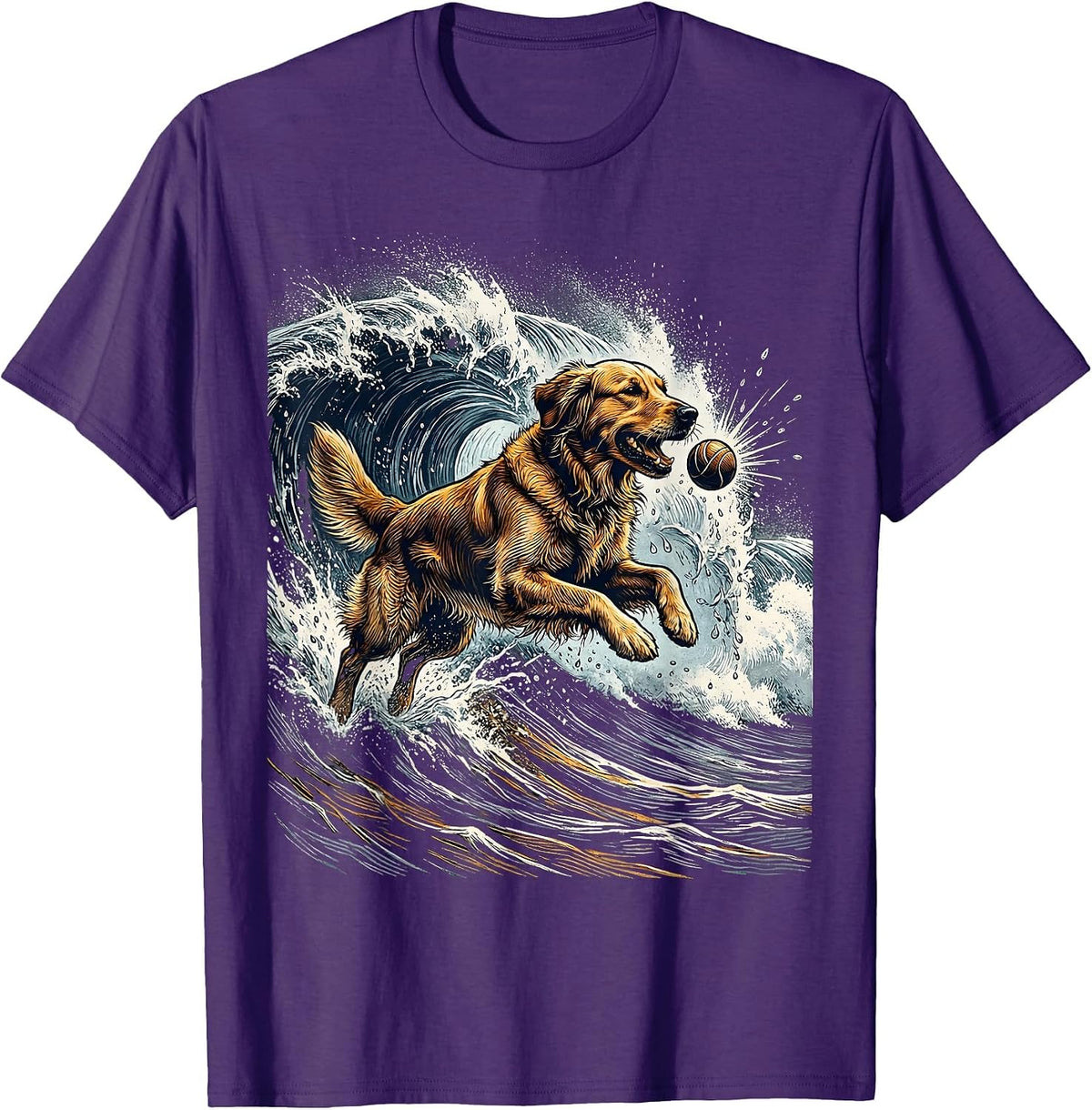 Golden Retriever Fetching Ball in Ocean Waves T-Shirt - Purple