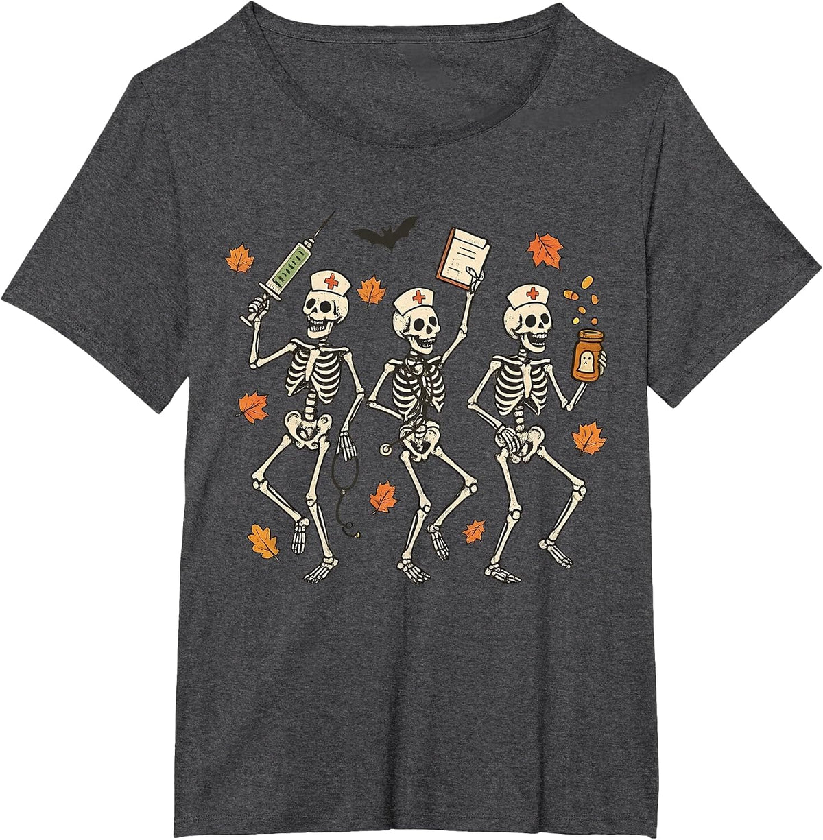 Funny Halloween Nurse Skeleton Dancing Spooky Season T-Shirt - Dark Heather Grey