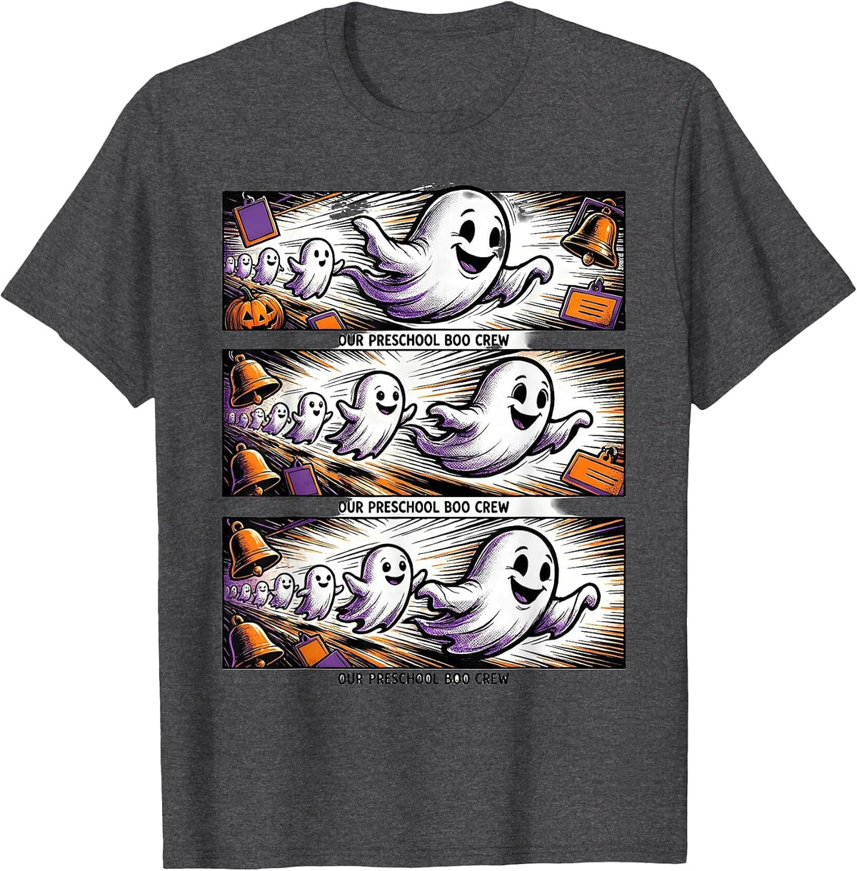 Our Preschool Boo Crew Comic Book Ghost Teacher Halloween T-Shirt - Dark Heather Grey