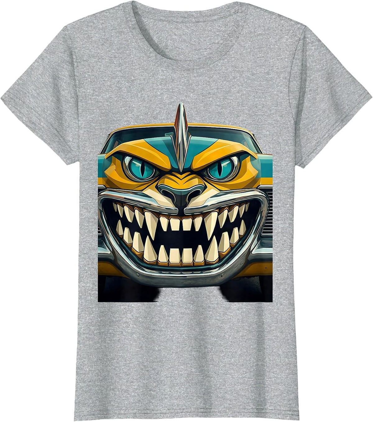 Snarling Animal Face Car Hood Grille Design T-Shirt - Heather Grey