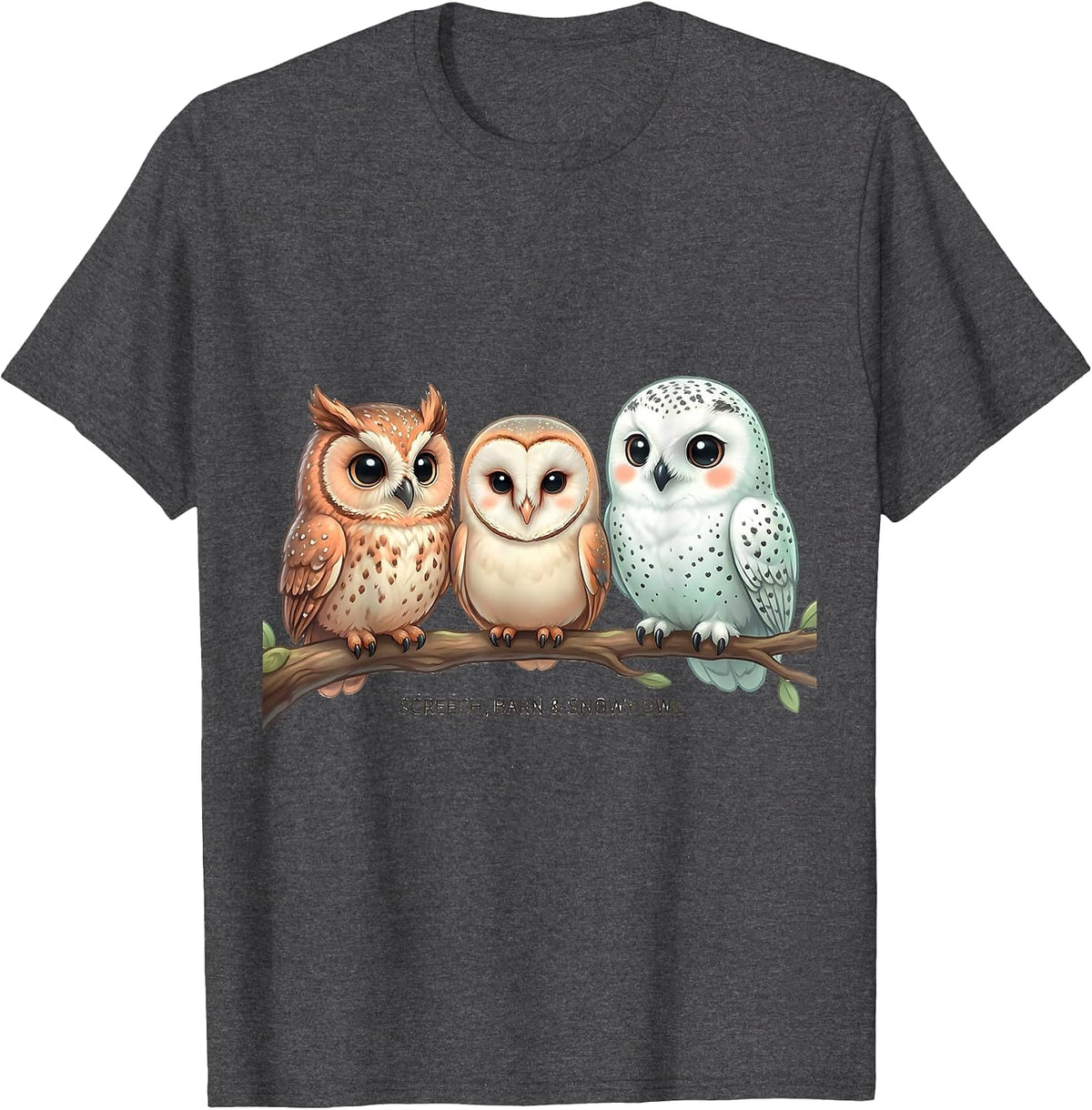 Screech, Barn & Snowy Owl Cute Kawaii Owl Lover Bird T-Shirt - Dark Heather Grey