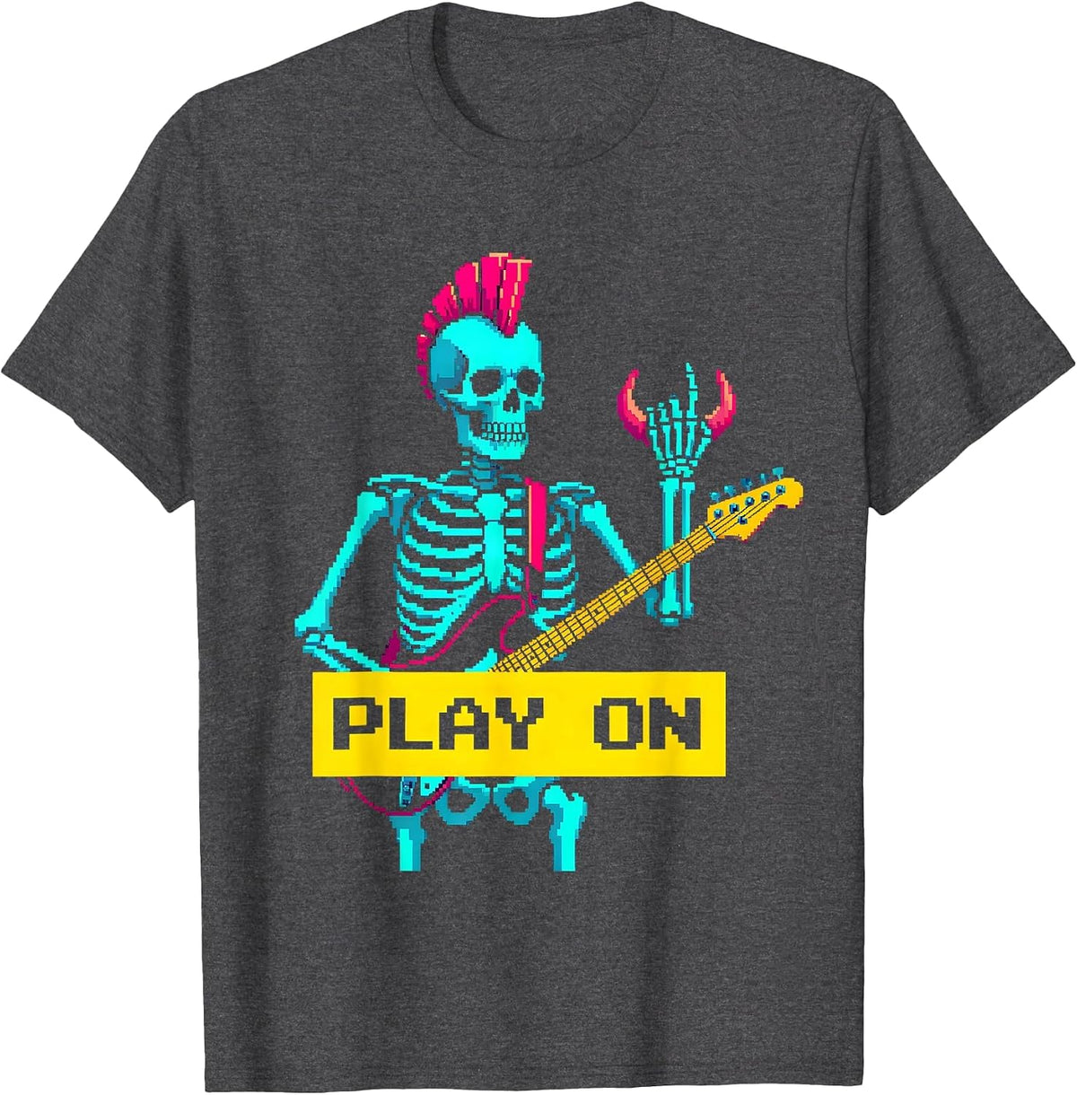 Play On Pixel Art Punk Rock Skeleton Skull Halloween Music T-Shirt - Dark Heather Grey