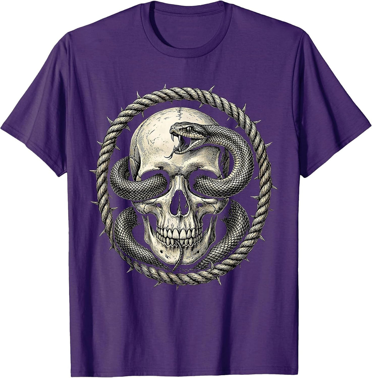 Snake Through Skull Eye Sockets Dark Art Design T-Shirt - Purple