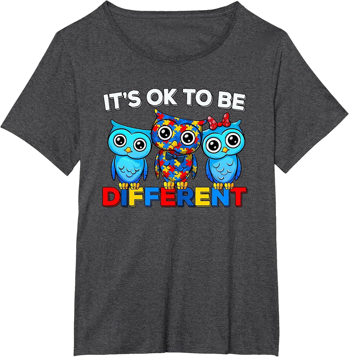 Autism Awareness Cute Owl Animal It's Ok to Be Different T-Shirt - Dark Heather Grey
