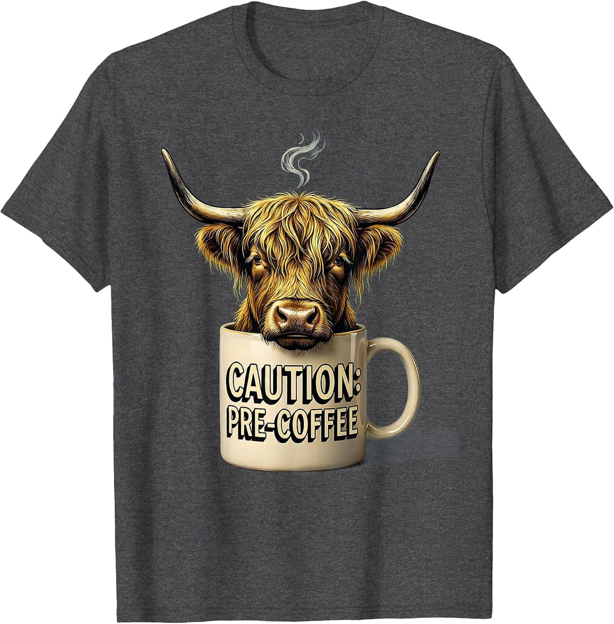 Men's Caution Pre-Coffee Funny Highland Cow Novelty Coffee Lover T-Shirt - Dark Heather Grey