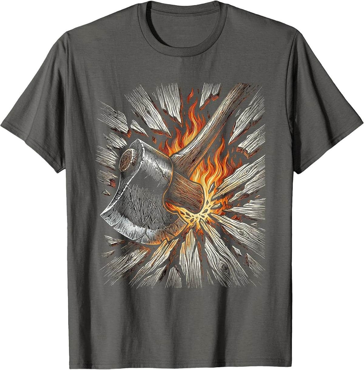 Men's Firefighter Axe Splitting Burning Door Graphic Tee T-Shirt - Asphalt Grey