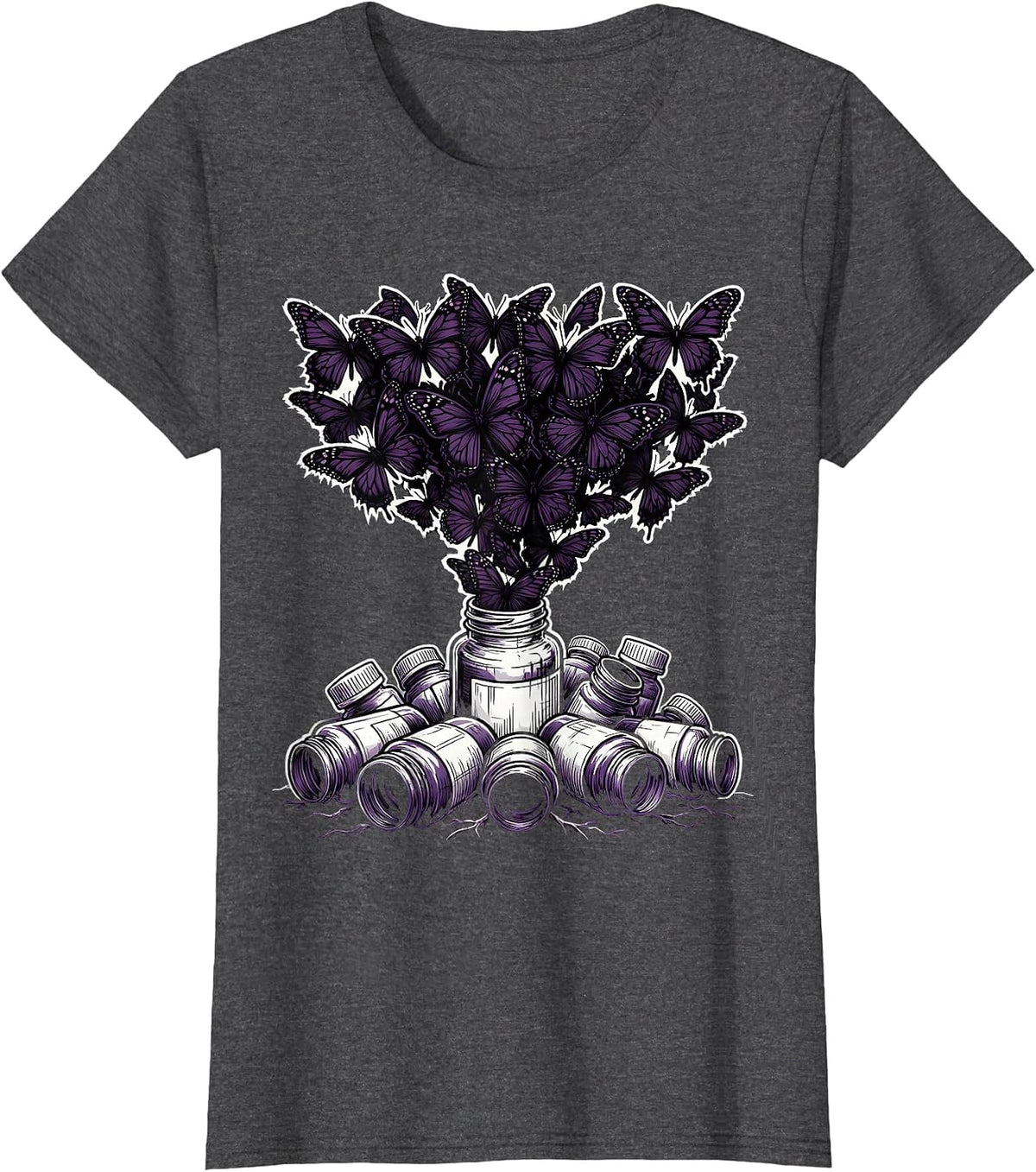 Women's Emo Pill Bottles Black Butterflies Graphic T-Shirt - Dark Heather Grey