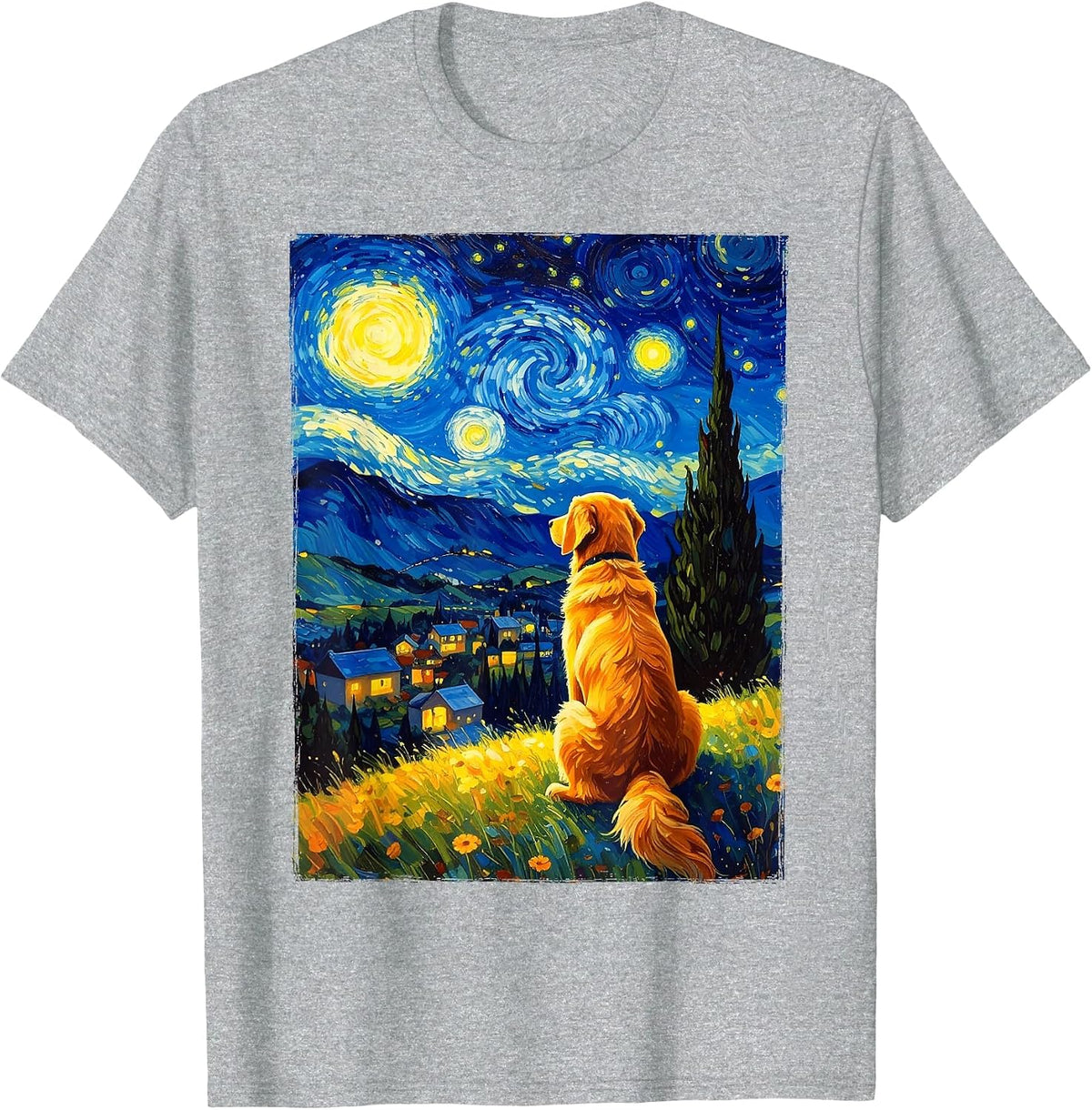 Van Gogh Starry Night Painting Golden Retriever Dog T-Shirt - Heather Grey
