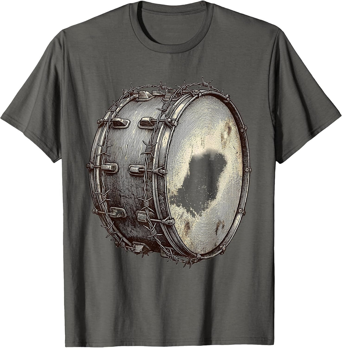 War Drum Barbed Wire Graphic Design T-Shirt - Asphalt Grey