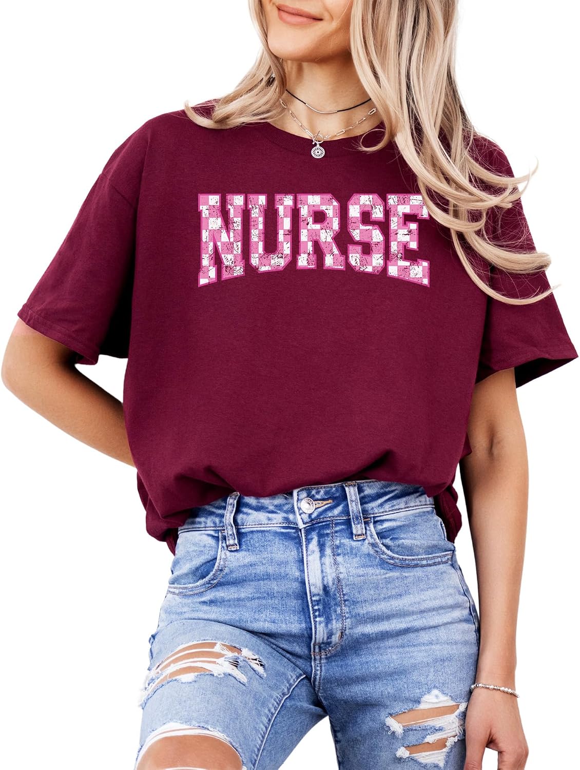 Nurse Checkerboard Graphic T-Shirt – Unisex Cotton Appreciation Tee – Cute Pink Letter Print Medical Top - Maroon