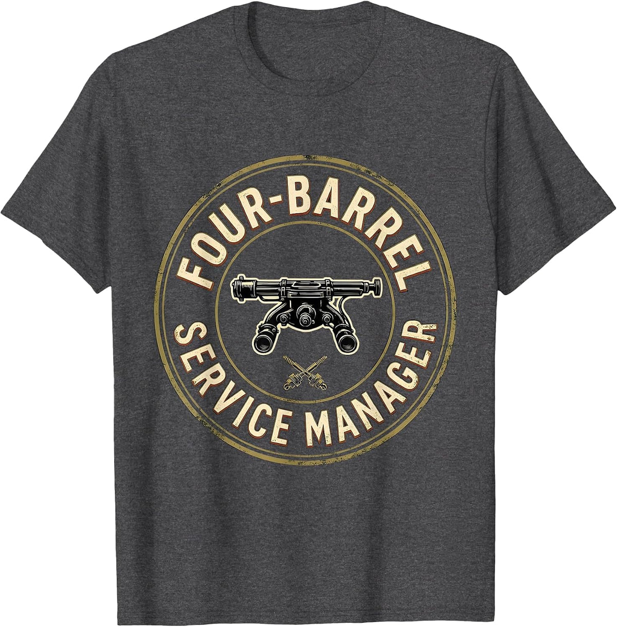 Men's Four-Barrel Service Manager Vintage Car Guy Mechanic Humor T-Shirt - Dark Heather Grey