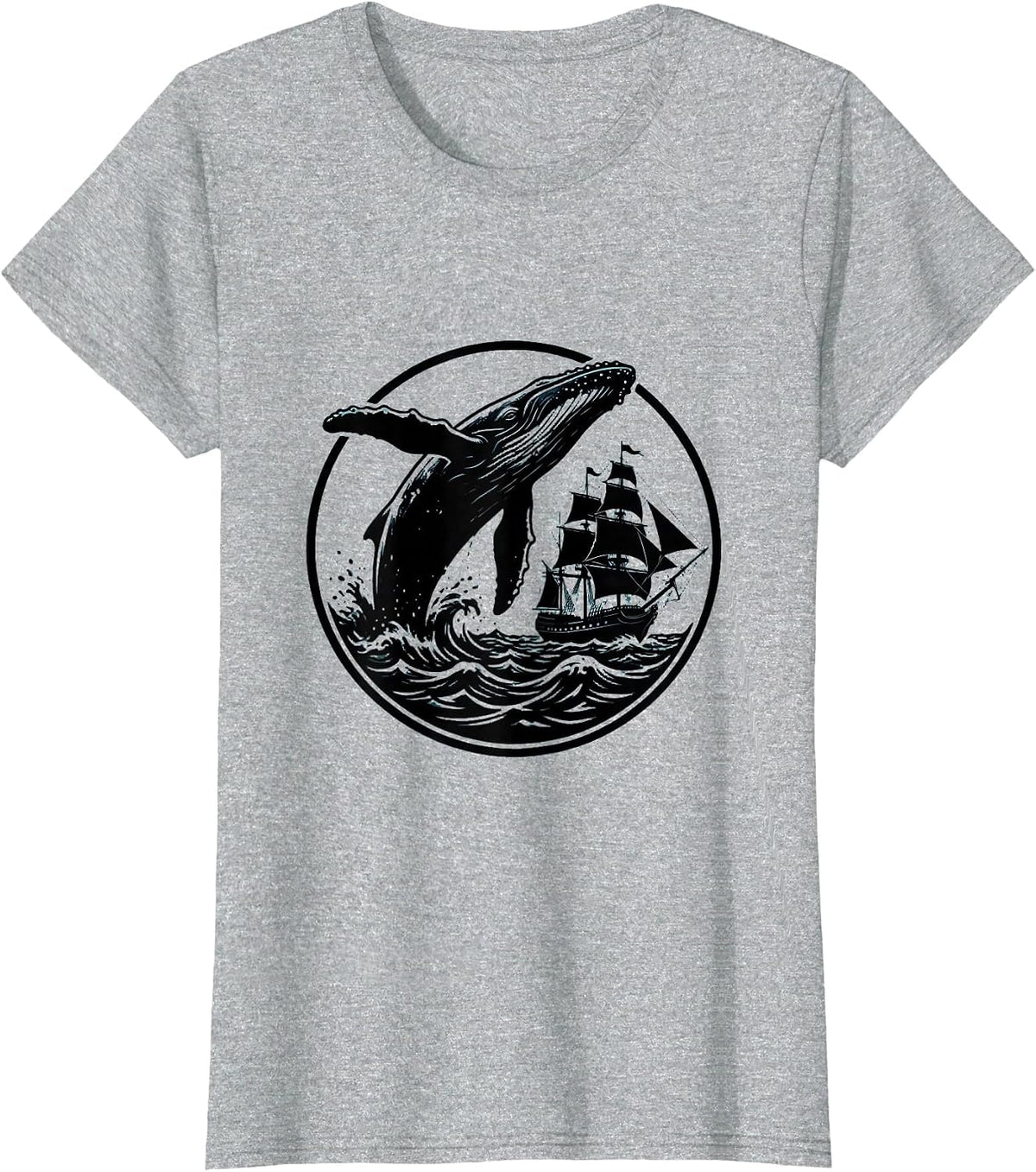 Whale Breaching Tall Sailing Ship Navy Graphic T-Shirt - Heather Grey
