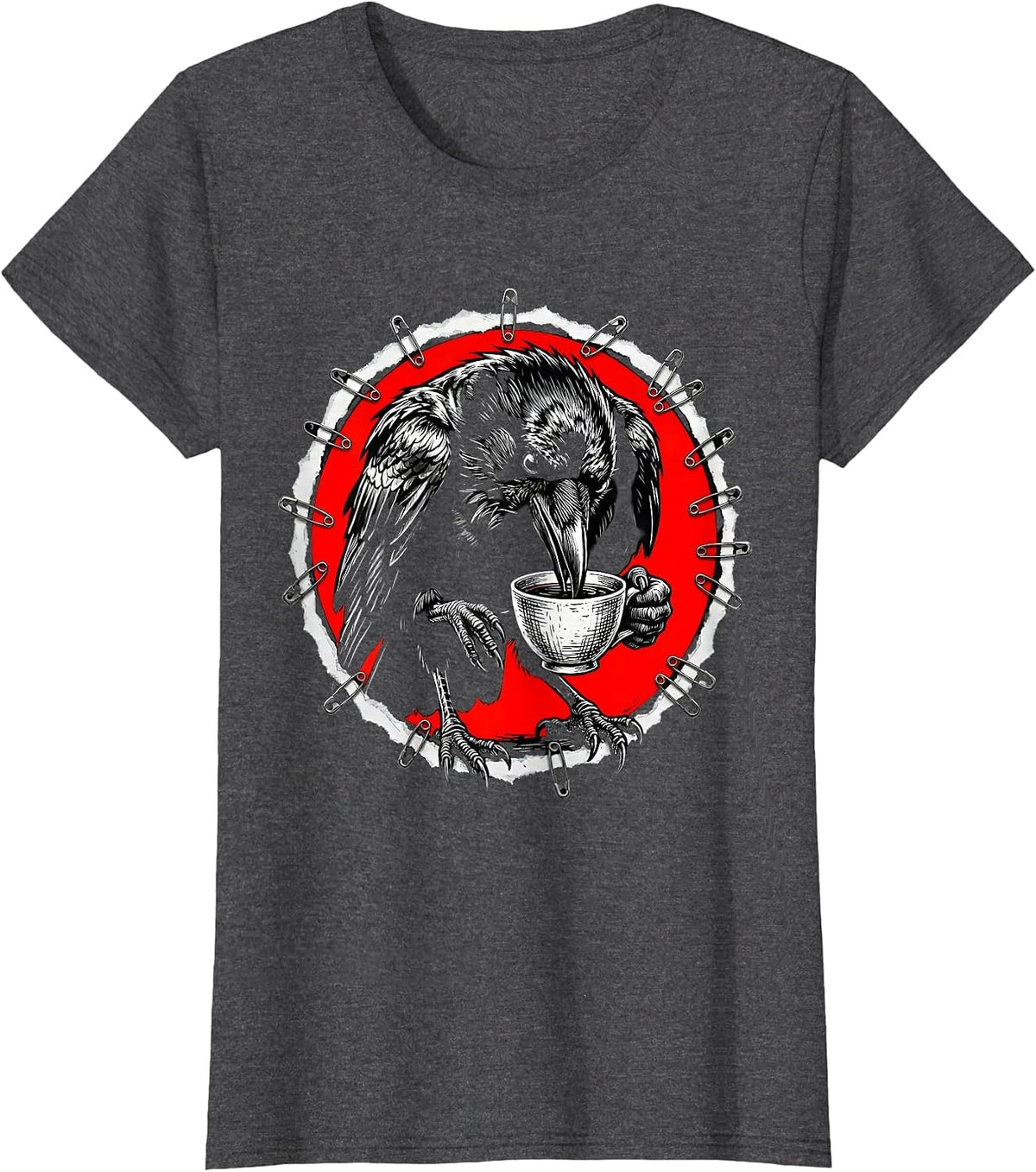 Women's Crow Drinking From a Tiny Teacup Illustration T-Shirt - Dark Heather Grey