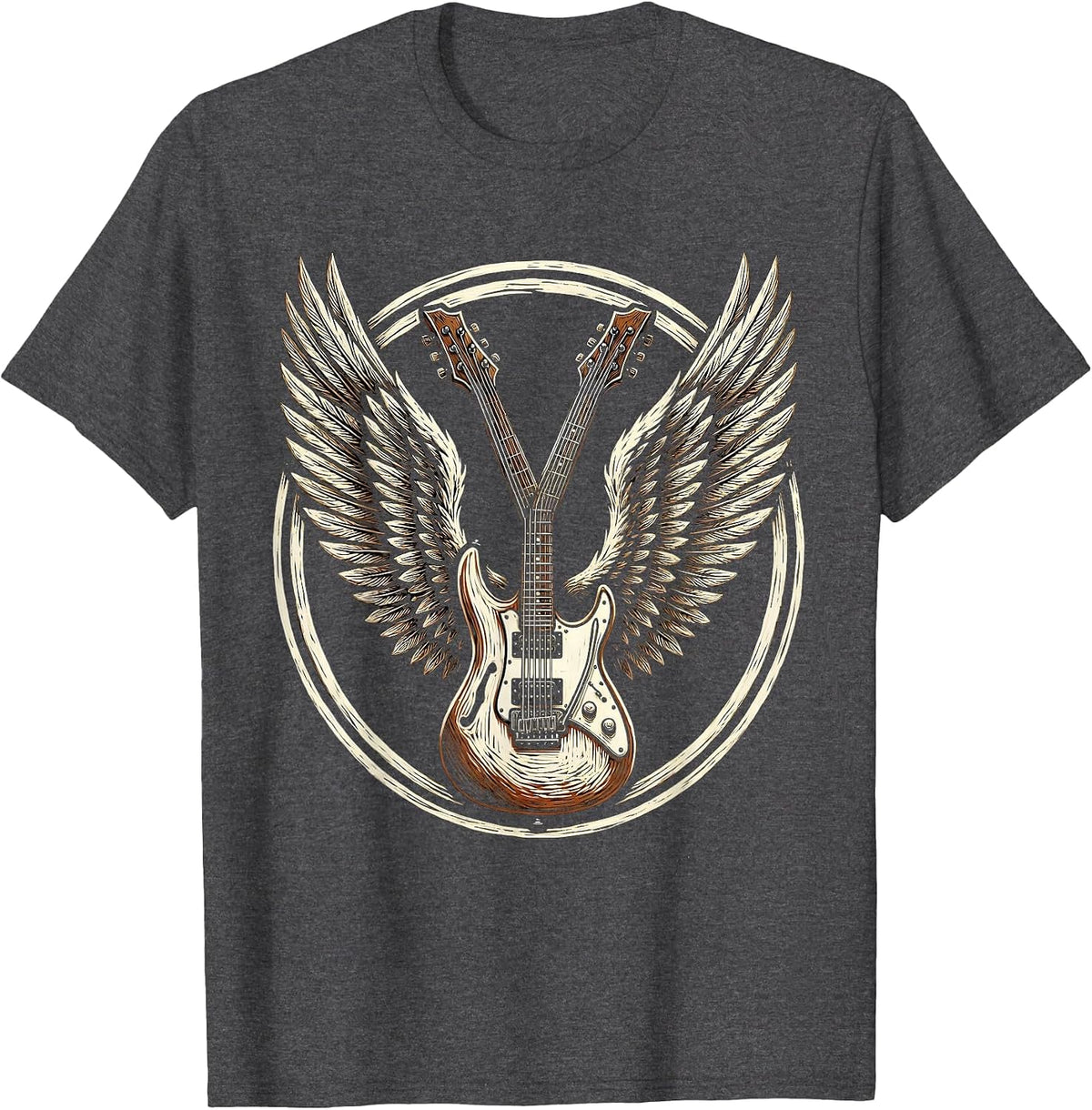 Double-Neck Guitar With Wings Rock Music Design T-Shirt - Dark Heather Grey