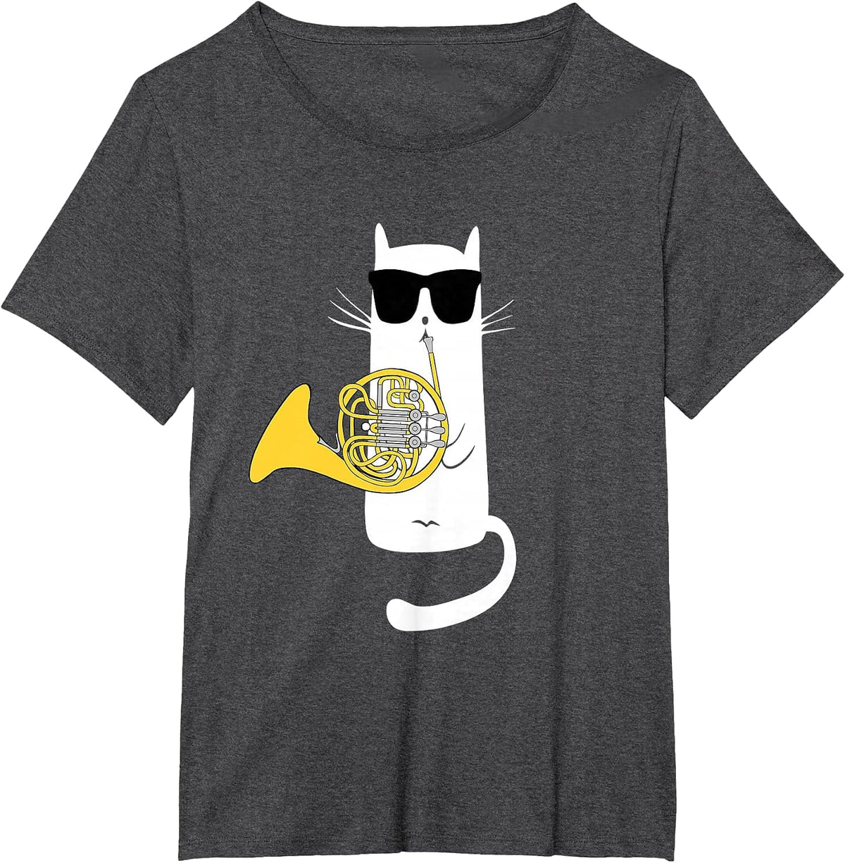 Funny Cat Wearing Sunglasses Playing French Horn T-Shirt - Dark Heather Grey