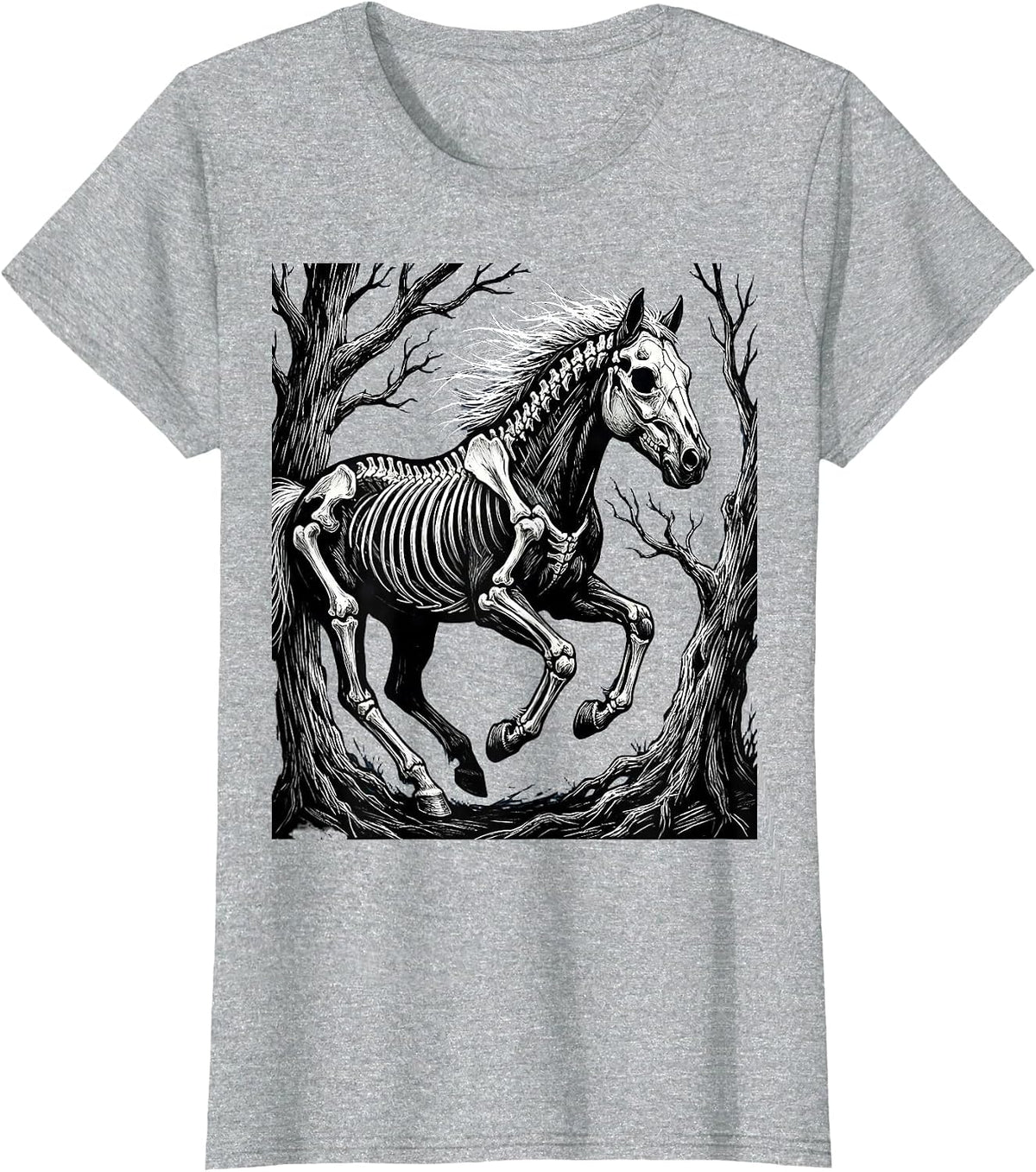 Skeleton Horse Running Through Dark Forest T-Shirt - Heather Grey