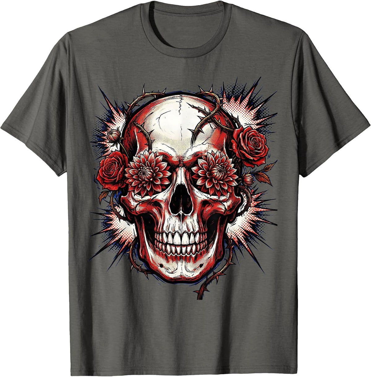Skull With Blooming Flowers Rock Band Graphic T-Shirt - Asphalt Grey