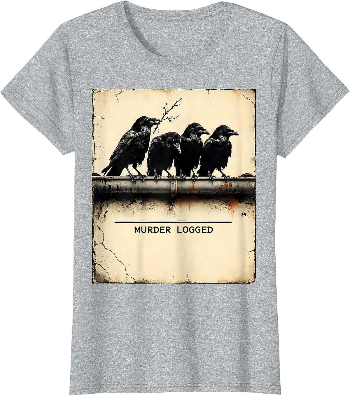 Murder Logged Distressed Crow Gothic Bird Lover Dark Humor T-Shirt - Heather Grey
