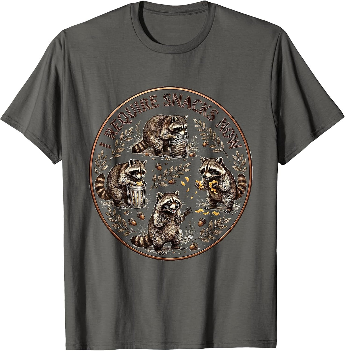 Men's I Require Snacks Now Funny Raccoon Design T-Shirt - Asphalt Grey