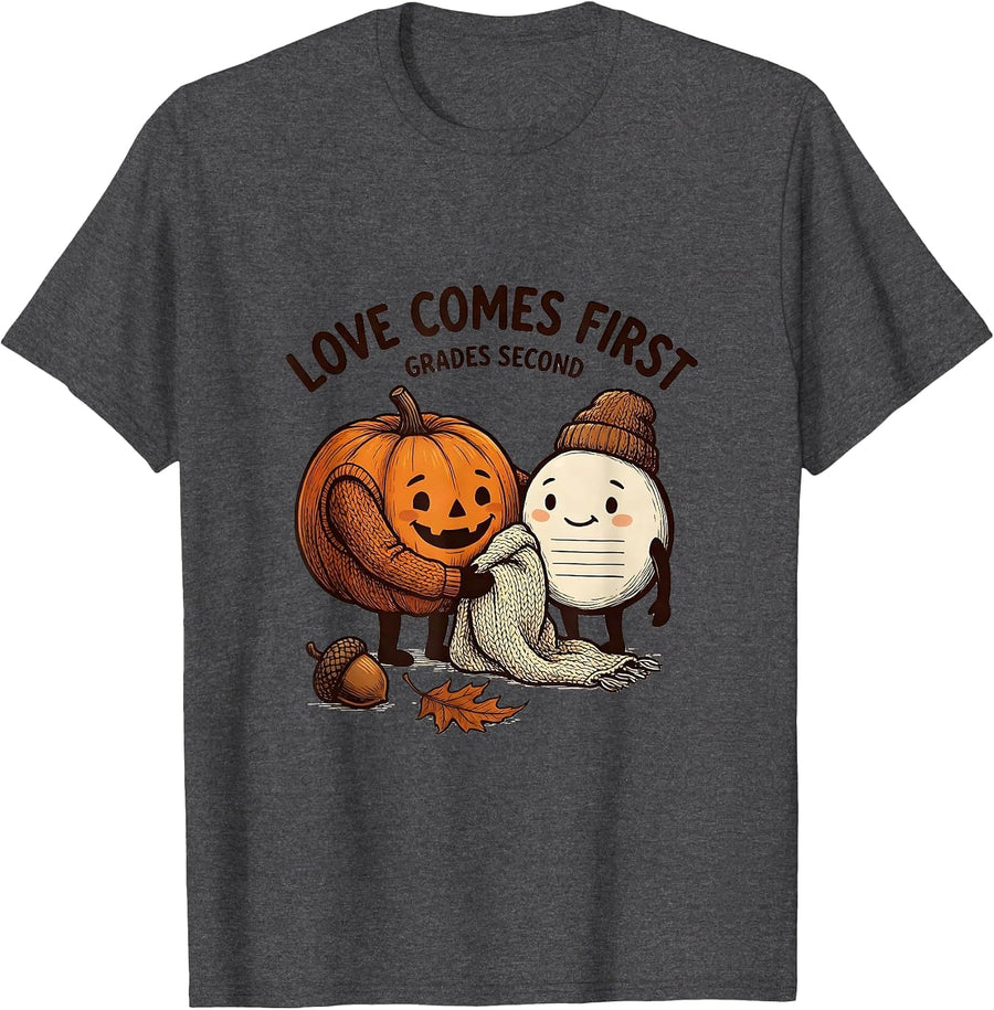 Men's Love Comes First Grades Second Autumn Teacher Classroom T-Shirt - Dark Heather Grey