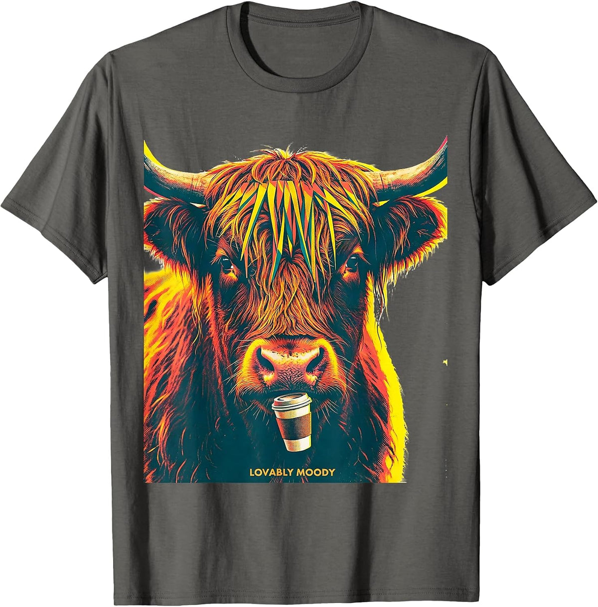 Lovably Moody Highland Cow Funny Cute Coffee Lover Graphic T-Shirt - Asphalt Grey