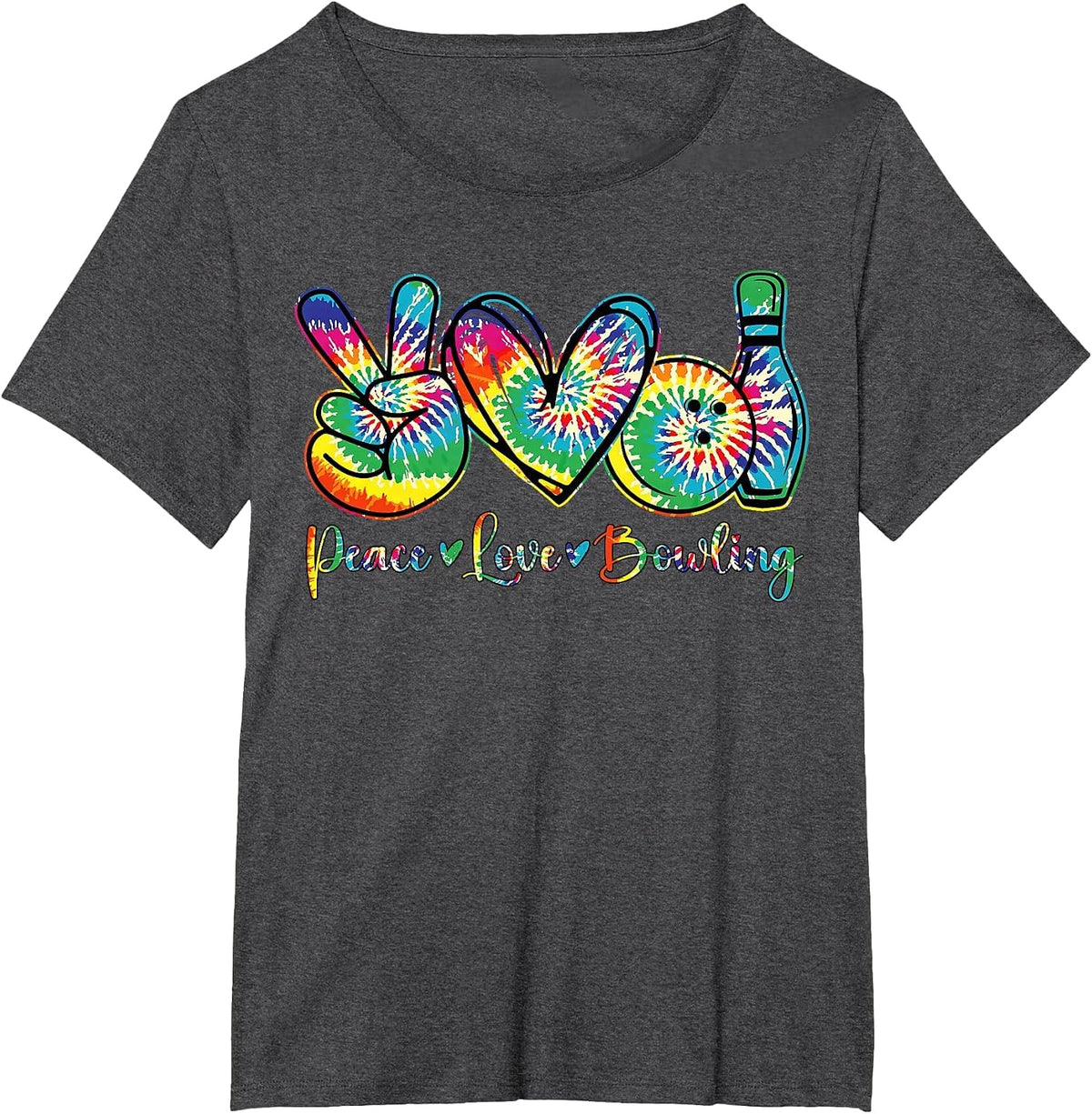 Retro Tie Dye Peace Love Bowling Lover Funny Sport Bowler T-Shirt - Dark Heather Grey