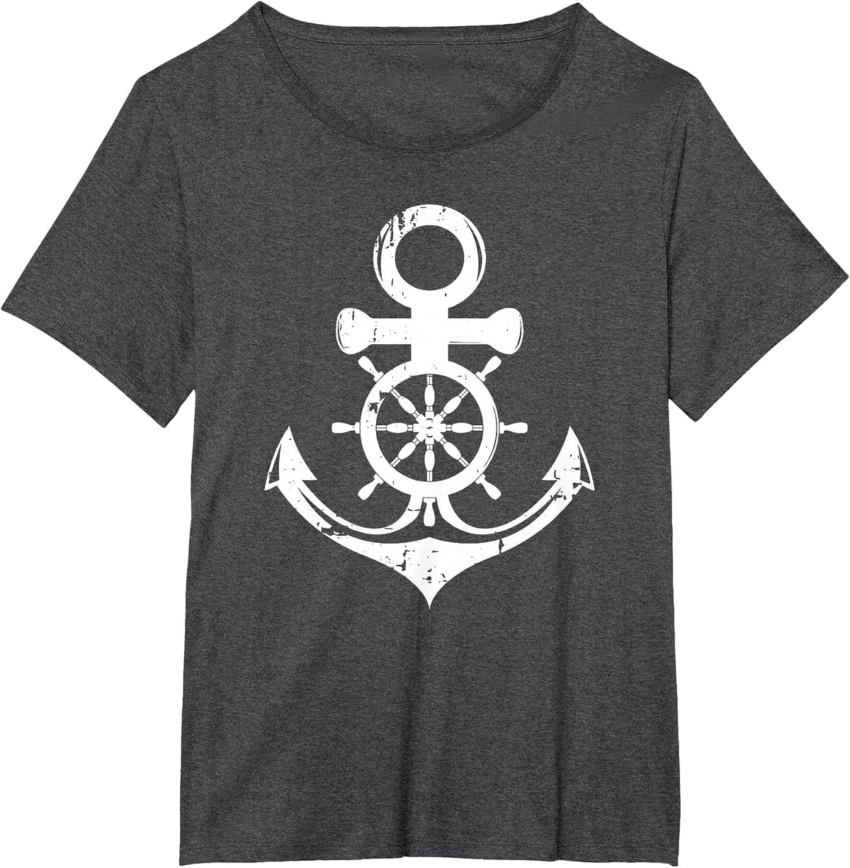 Anchor with Ship Steering Wheel Nautical Vintage Sailor T-Shirt - Dark Heather Grey