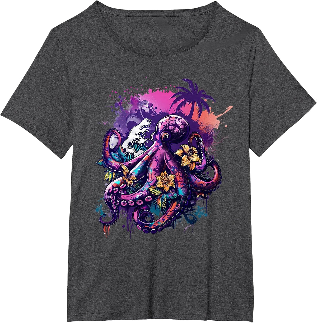 Octopus Sea Creature Artwork Floral Kraken Sea Ocean Octopus T-Shirt - Dark Heather Grey