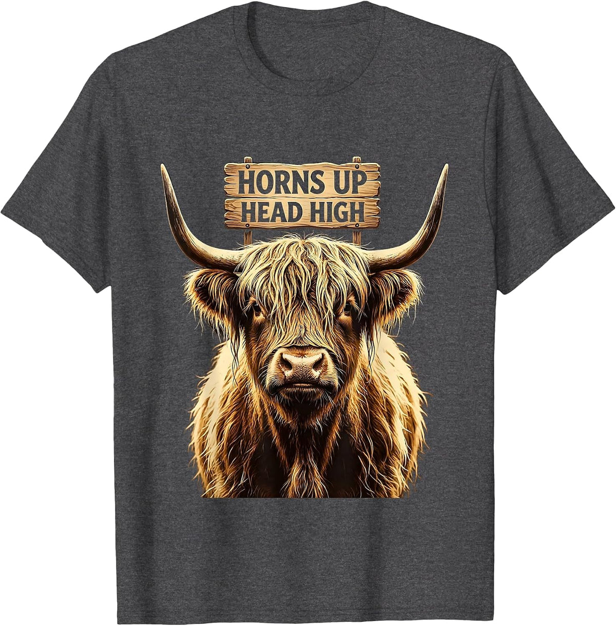 Men's Horns Up Head High Highland Cow Design T-Shirt - Dark Heather Grey