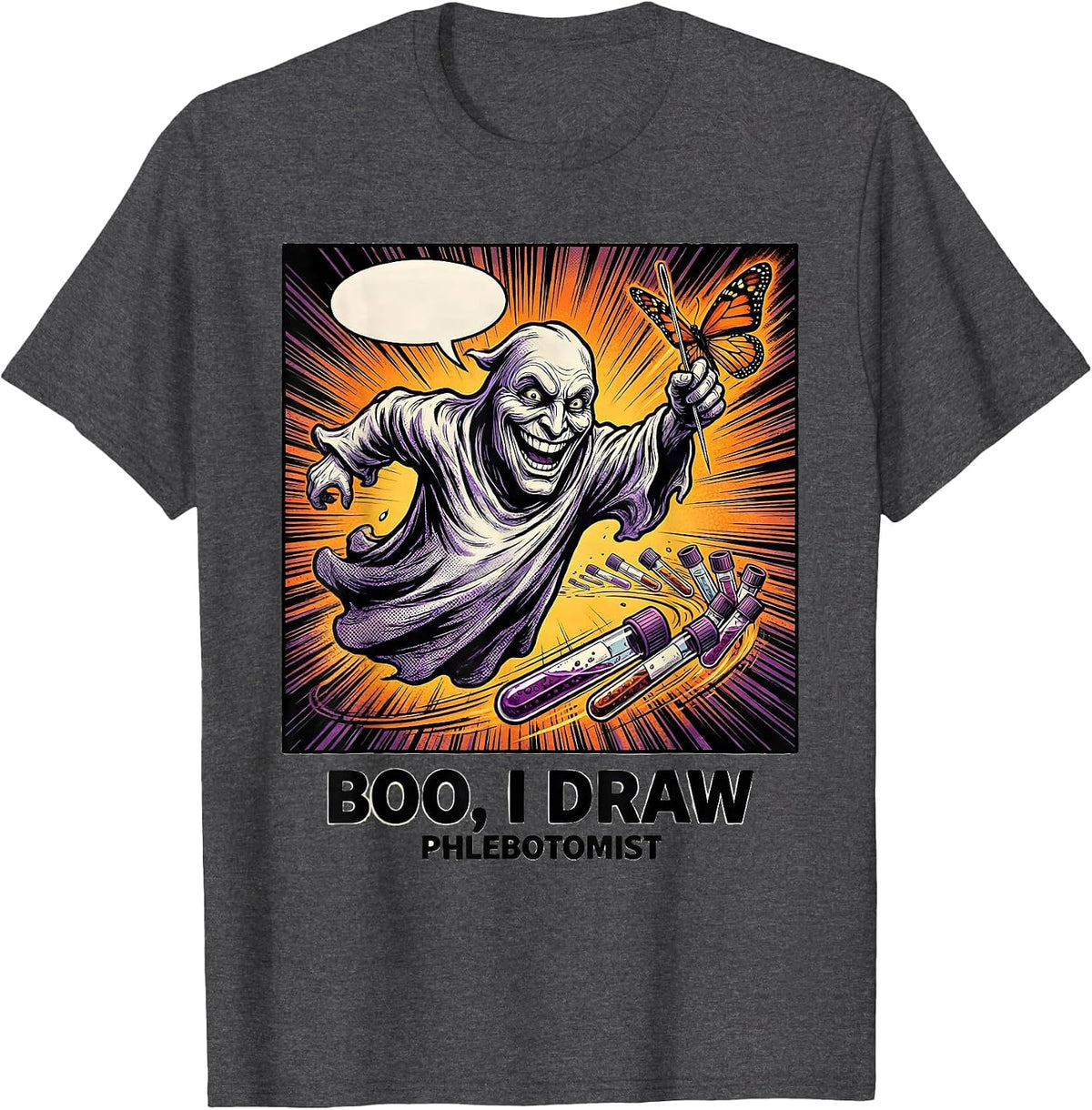Men's Boo I Draw Phlebotomist Funny Ghost Nurse Halloween T-Shirt - Dark Heather Grey