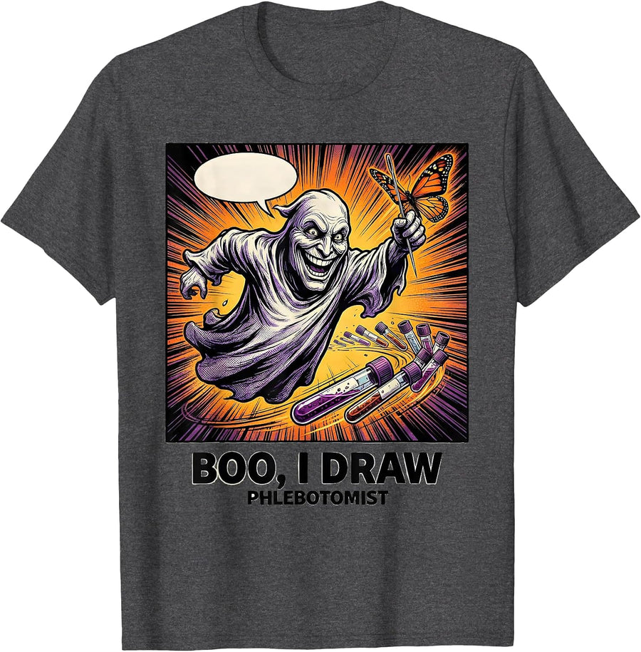 Men's Boo I Draw Phlebotomist Funny Ghost Nurse Halloween T-Shirt - Dark Heather Grey
