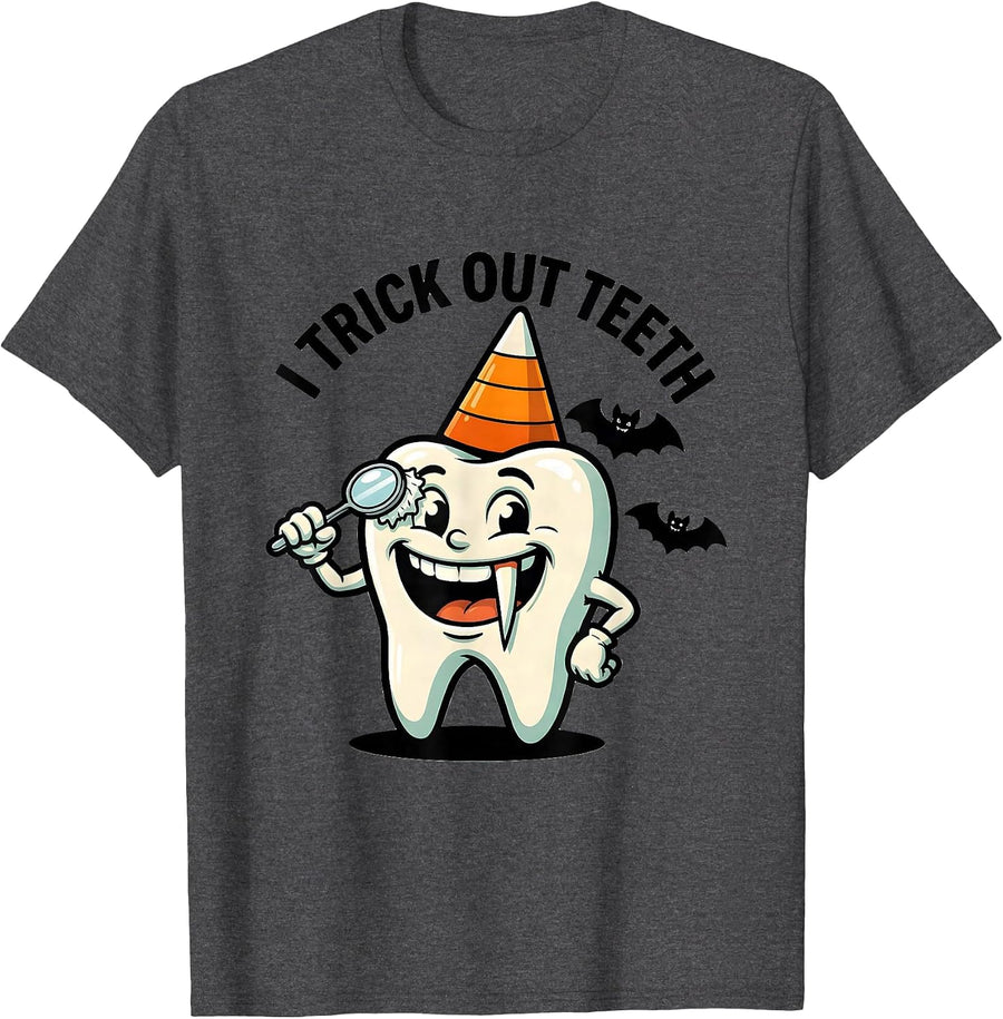 Men's I Trick Out Teeth Cartoon Halloween Dentist Dental Pun Humor T-Shirt - Dark Heather Grey