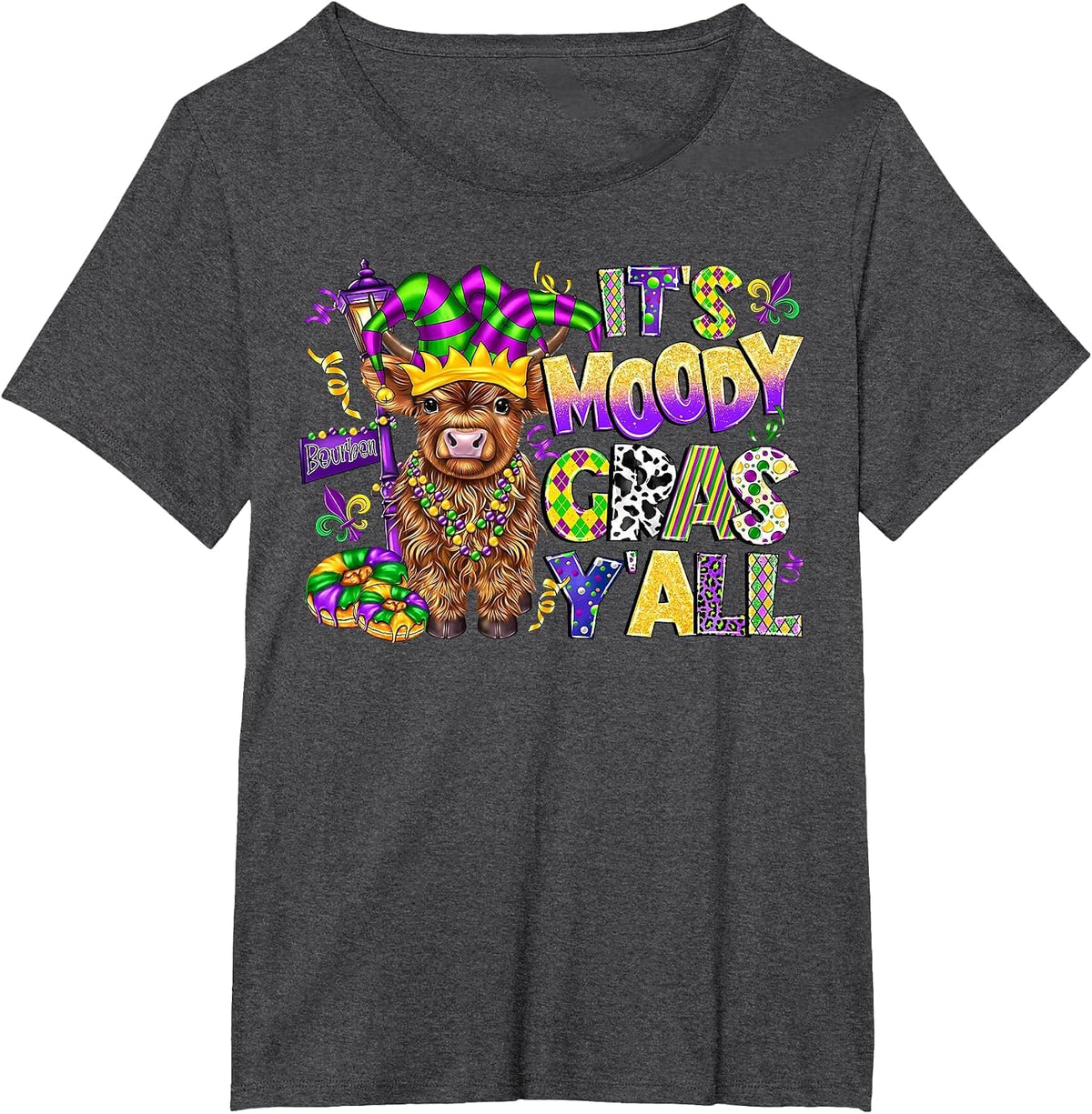 It's Moody Gras Y'all Mardi Gras Carnival Heifer Cow Farm T-Shirt - Dark Heather Grey