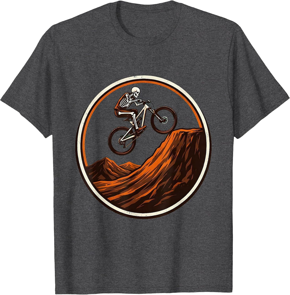 Skeleton Rider Dirt Jump Mountain Bike Graphic T-Shirt - Dark Heather Grey